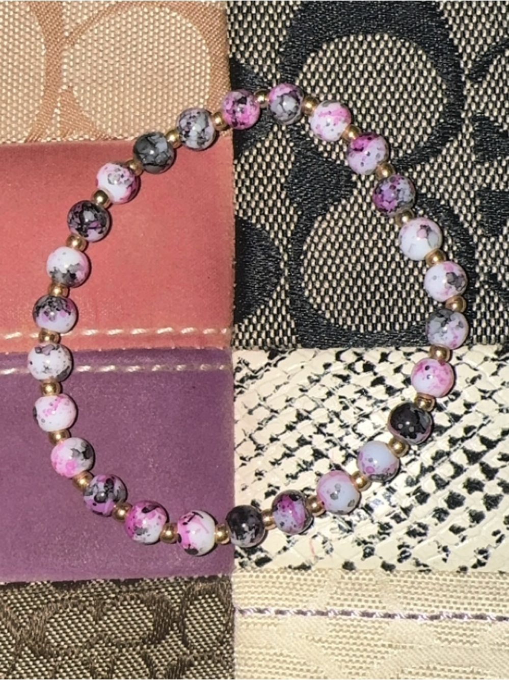 Handmade Pink, Purple, White Marbled Beaded Bracelet with Gold spacer Accents💜✨